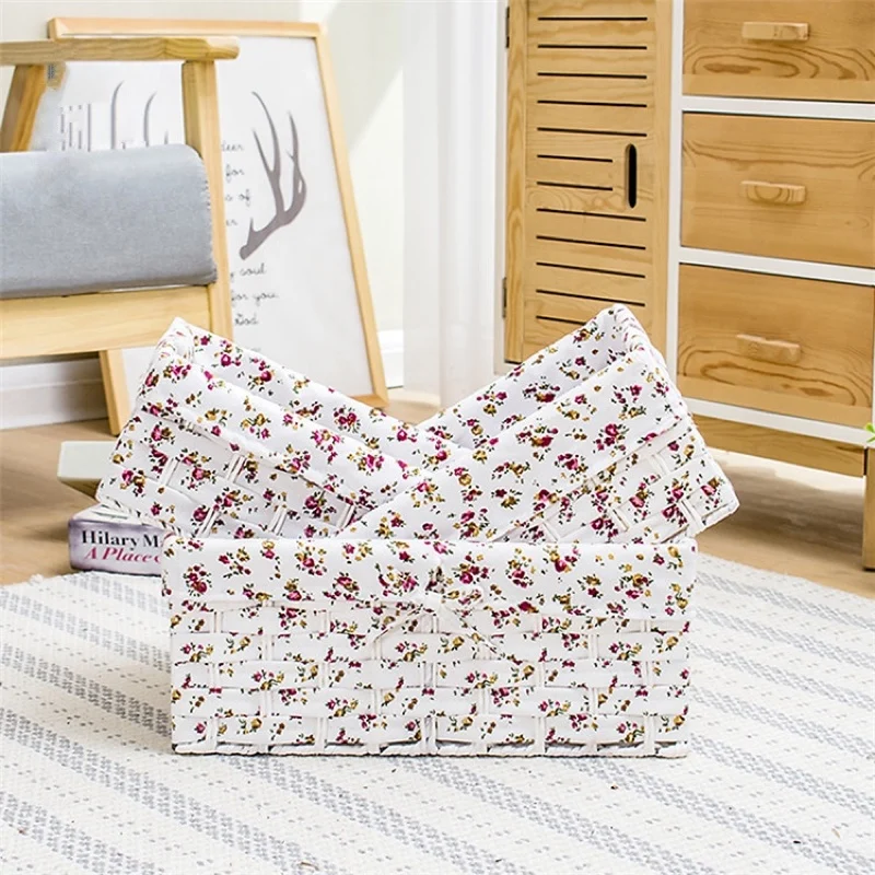 Straw storage basket with printing fabric for toys table snack neatening storage paper string box steel frame with cotton lining