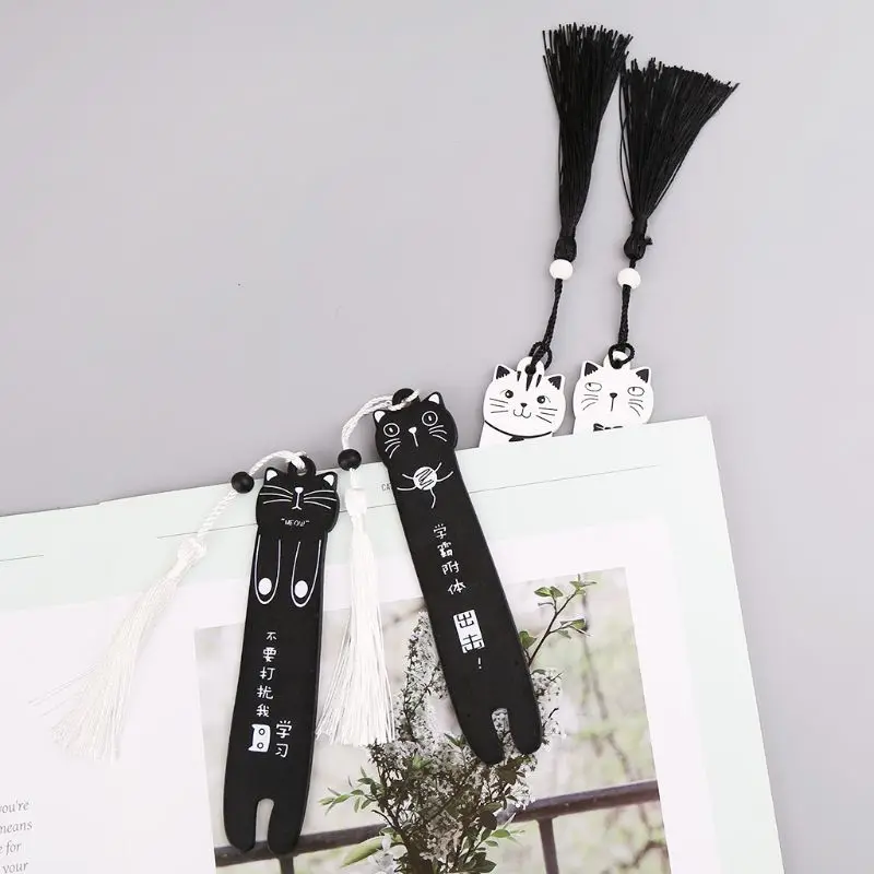 Cute Cartoon Cat Wooden Bookmark Book Page With Tassel Student Stationery School