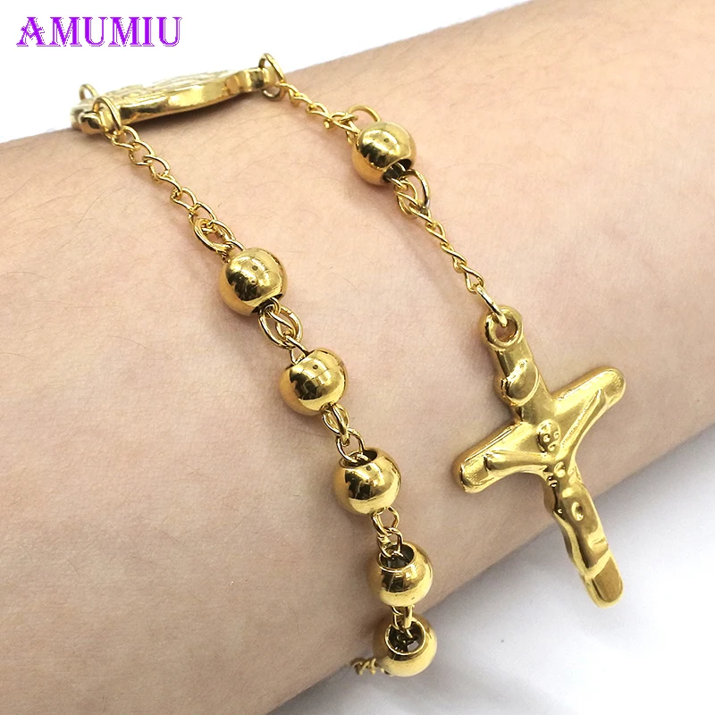 

AMUMIU 20CM*6MM Cross Bracelet Women,Gold Color Beads Rosary Stainless Steel Religion Jewelry,Charm Bracelets B019A