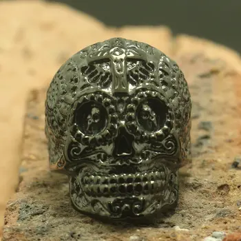 

Size 7 To Size 15 Unisex 316L Stainless Steel Cool Black Cross Flower Skull Newest Ring