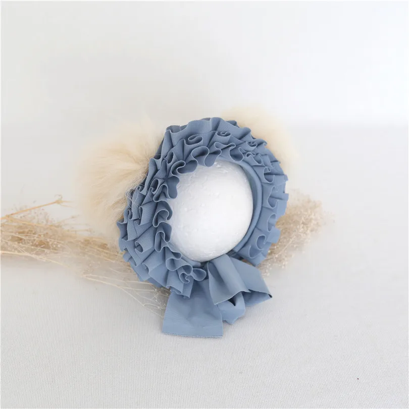 

Newborn Pom Hat for Photography Shoot Lovely Baby Boy Bear Hat Vintage Newborn Photo Bonnet Blue Baby Ruffle Bonnet Showet Gift