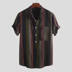 Летняя мужская рубашка многоцветный полосатый короткий рукав стоячий воротник Camisa хлопковые пуловеры повседневные брендовые рубашки