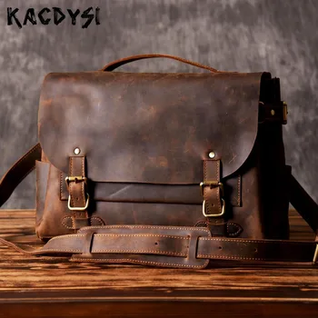 

KACDYSI Genuine Crazy Horse Leather Designer Handmade Men Shoulder Bag Vintage Quality Man Crossbody Messenger Bag Satchel Purse