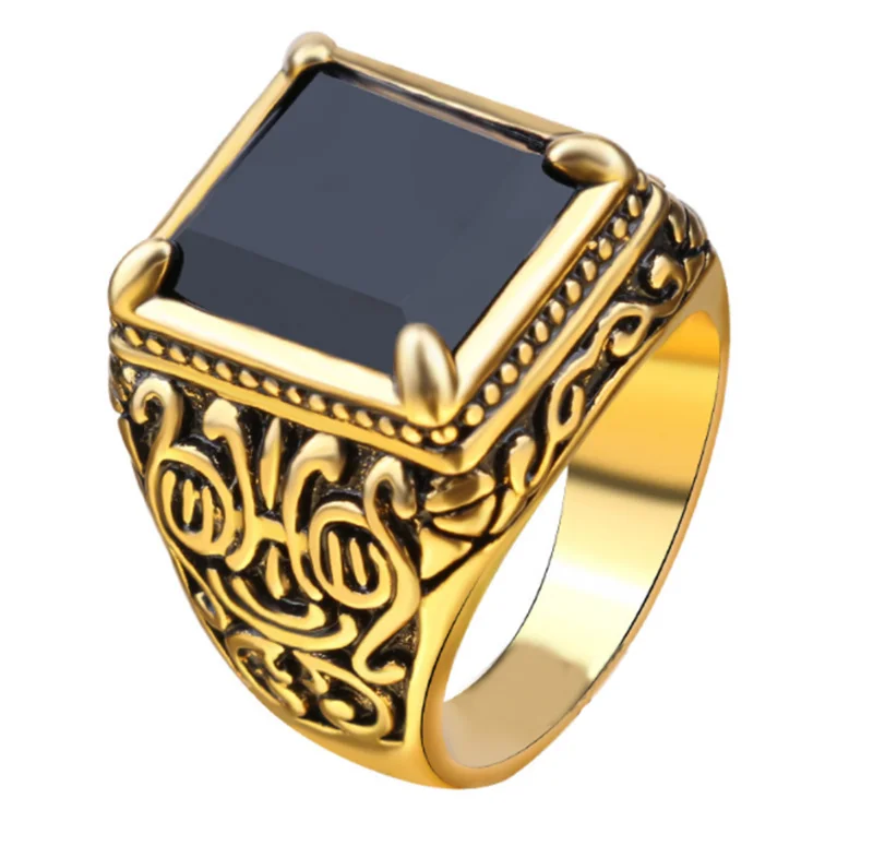 Classic Retro Rings for Men Black/Red Square Stone Anchor Signet Ring Crowm Woman Band Antique Crystal Turkish Jewelry Zircon - Цвет основного камня: Black Gold