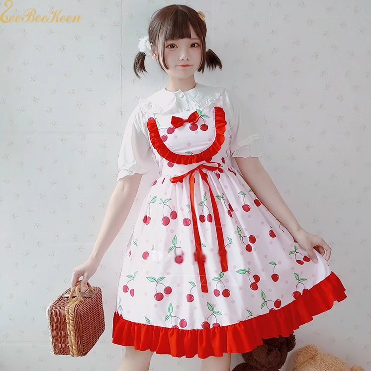 

Sweet Girl Lolita Dress Summer Sling Dress Girls Princess Dress Pink Lolita jsk Cherry Dress Anime Cosplay Costume For Women