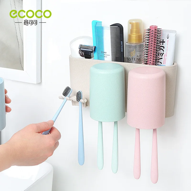 

Healthy Wheat Straw 3 in 1 Toothbrush Holder with Cups Storage Basket Use with Toothpaste Squeezer Dispenser