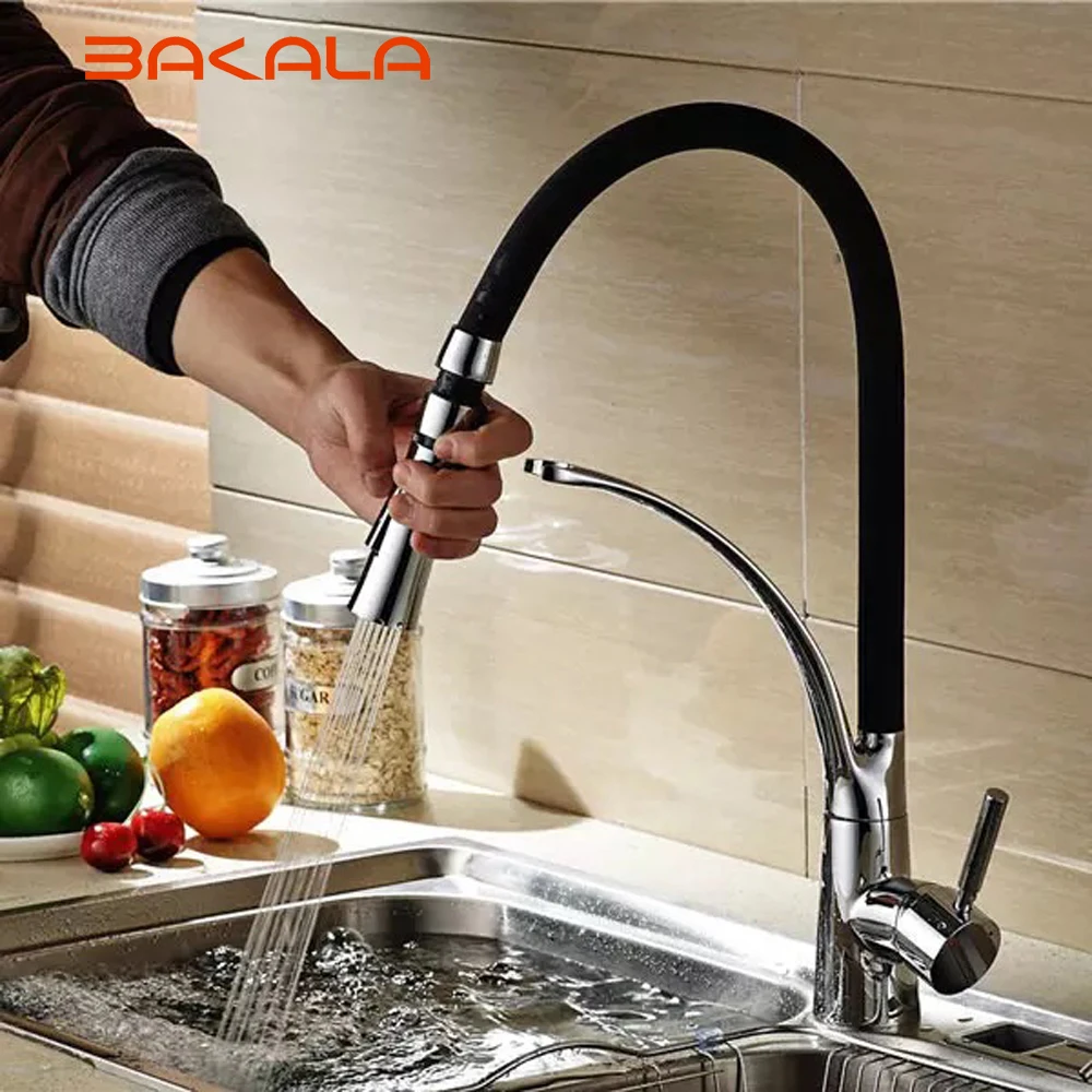 BAKALA Luxury Chrome Brass Finished black Universal tube Modern Finished Pull out kitchen faucet Deck Mounted