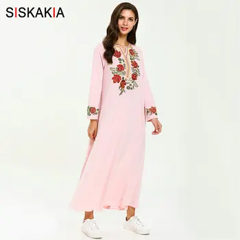 

Siskakia Pink Long Dress Sweet Ladies floral Embroidery Maxi Dresses Brief Round Neck Long Sleeve Muslim Ramadan Clothes 2019