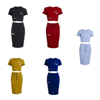 

Sexy Women Short Sleeve Crop Tops T-shirts Bodycon High Waist Pencil Skirts Ripped 2pcs Sets Fashion Women Sets Plus Size