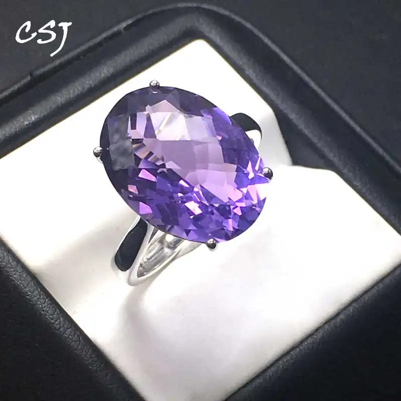 CSJ большой камень 11ct Natual аметистовое кольцо Стерлинговое Серебро 925 Oval13* 18 мм ювелирные украшения для женщин Femme подарочная коробка - Цвет камня: Фиолетовый