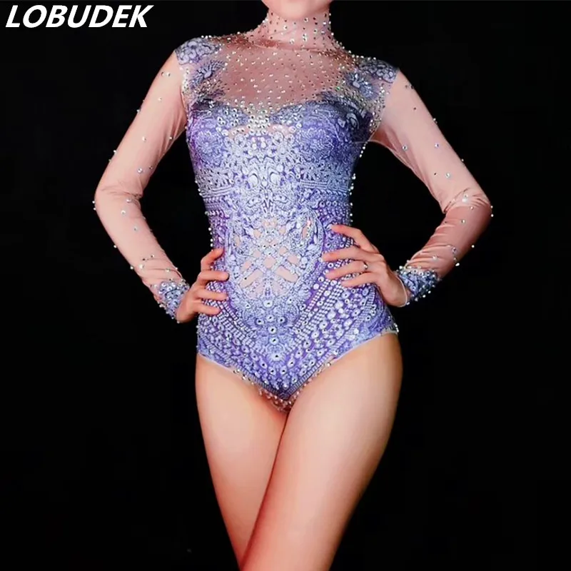 Purple Crystals Bodysuits Rhinestones jumpsuit Female Costume Singer Dance Outfit Bar