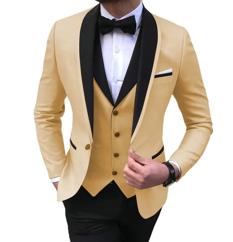 Mens 3 Pieces Party Slim Fit Suits Classic Design Shawl Lapel Tuxedos Prom Suit Blazer& Pants& Vest for Wedding - Цвет: Champagne