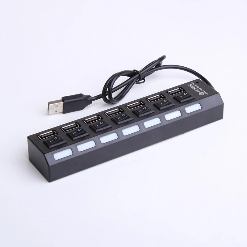 7 Ports USB Hub with On/Off Switch and LEDs USB 2.0 High Speed Hub Adapter Sharing Switch for PC