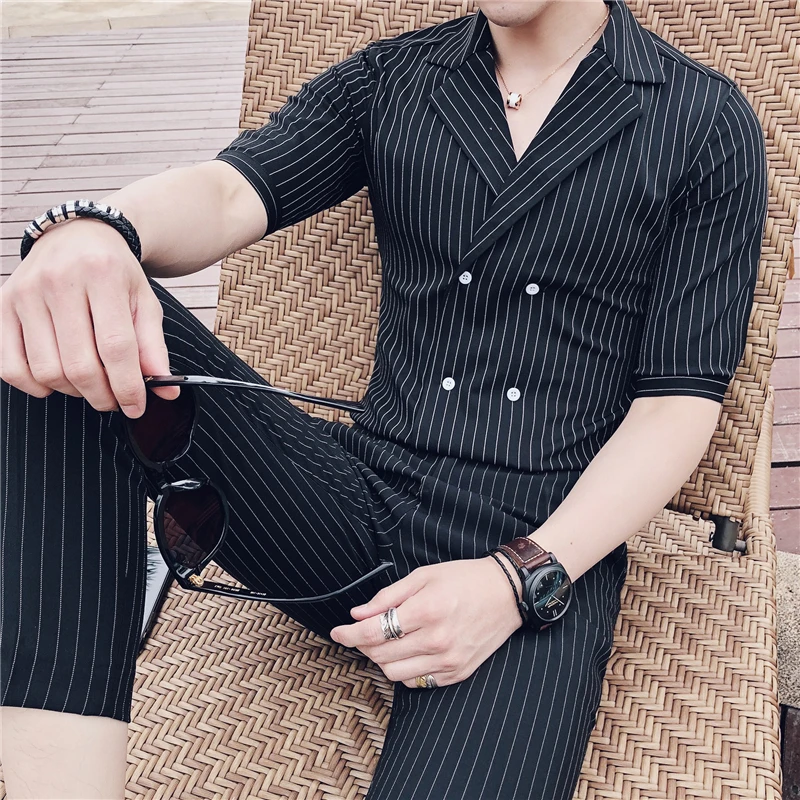 Double Breasted Suit Summer Costume Mariage Homme Black White Grey Blue Stripe Suit Set Smoking Uomo Trajes De Hombre