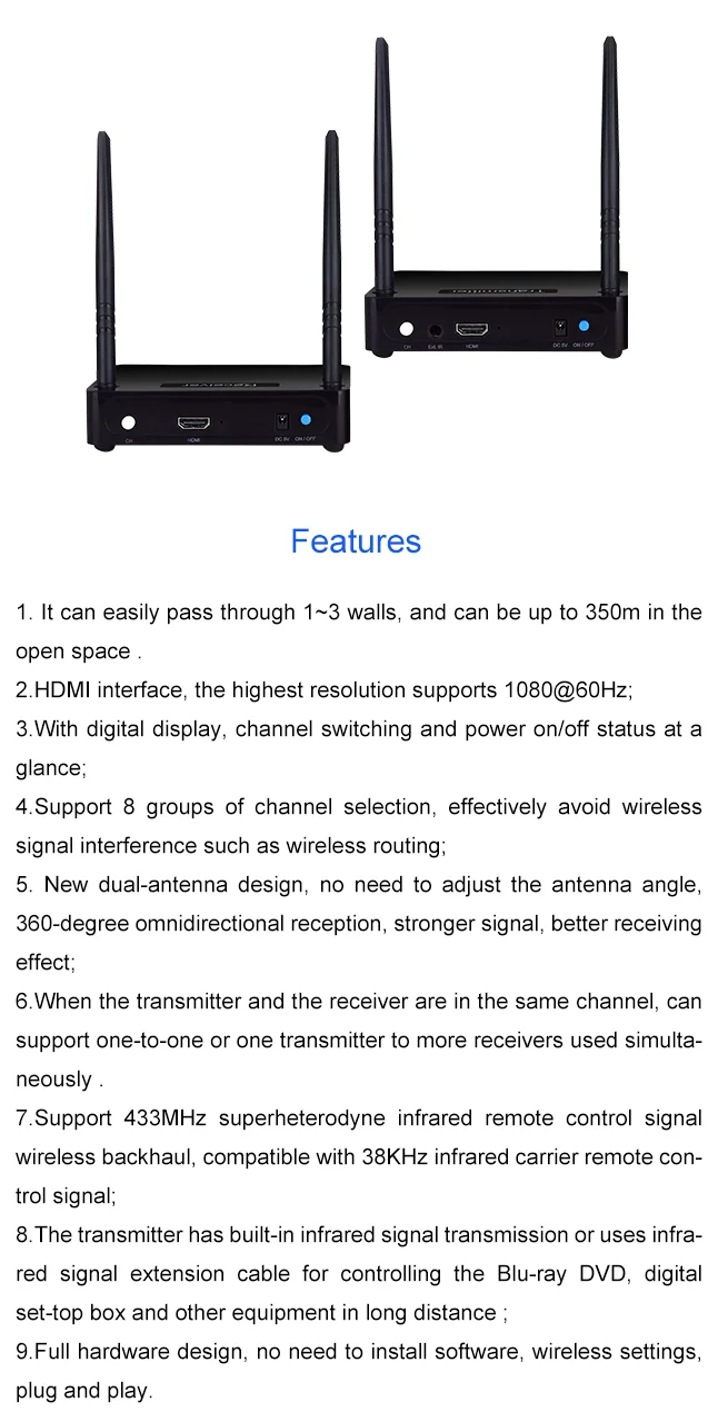 Measy HD585 беспроводной HDMI адаптер/Набор насадок с поддержкой 1080 P 3D 350 м с ИК проходом для HDTV проекторы