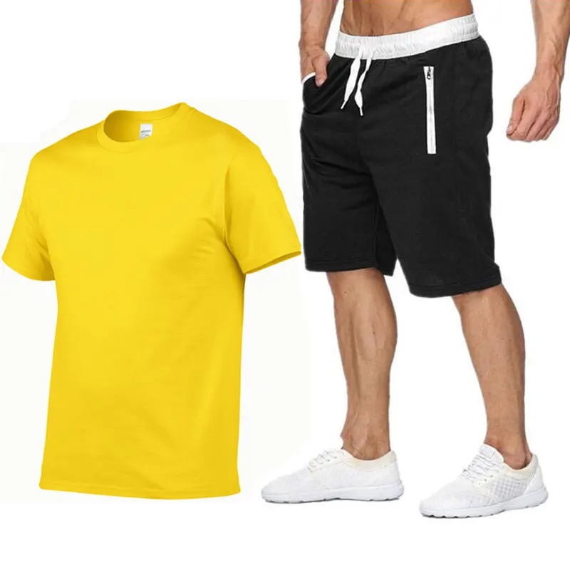 2019 Новое поступление, Мужская футболка, одноцветные футболки + шорты, летний комплект из двух предметов, Повседневные базовые Топы с