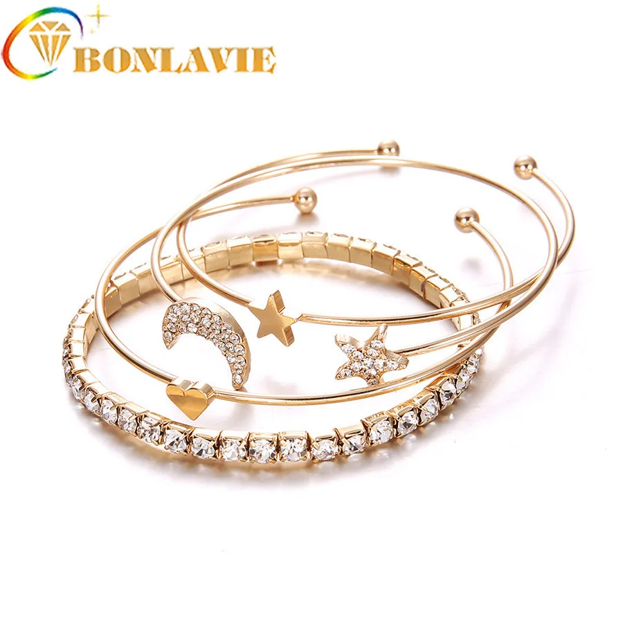 

Newest Geometric Crystal Star Moon Heart Bracelets For Women Fashion Alloy Gold Color Bangles Jewelry Party Gifts 4 Pcs/Set