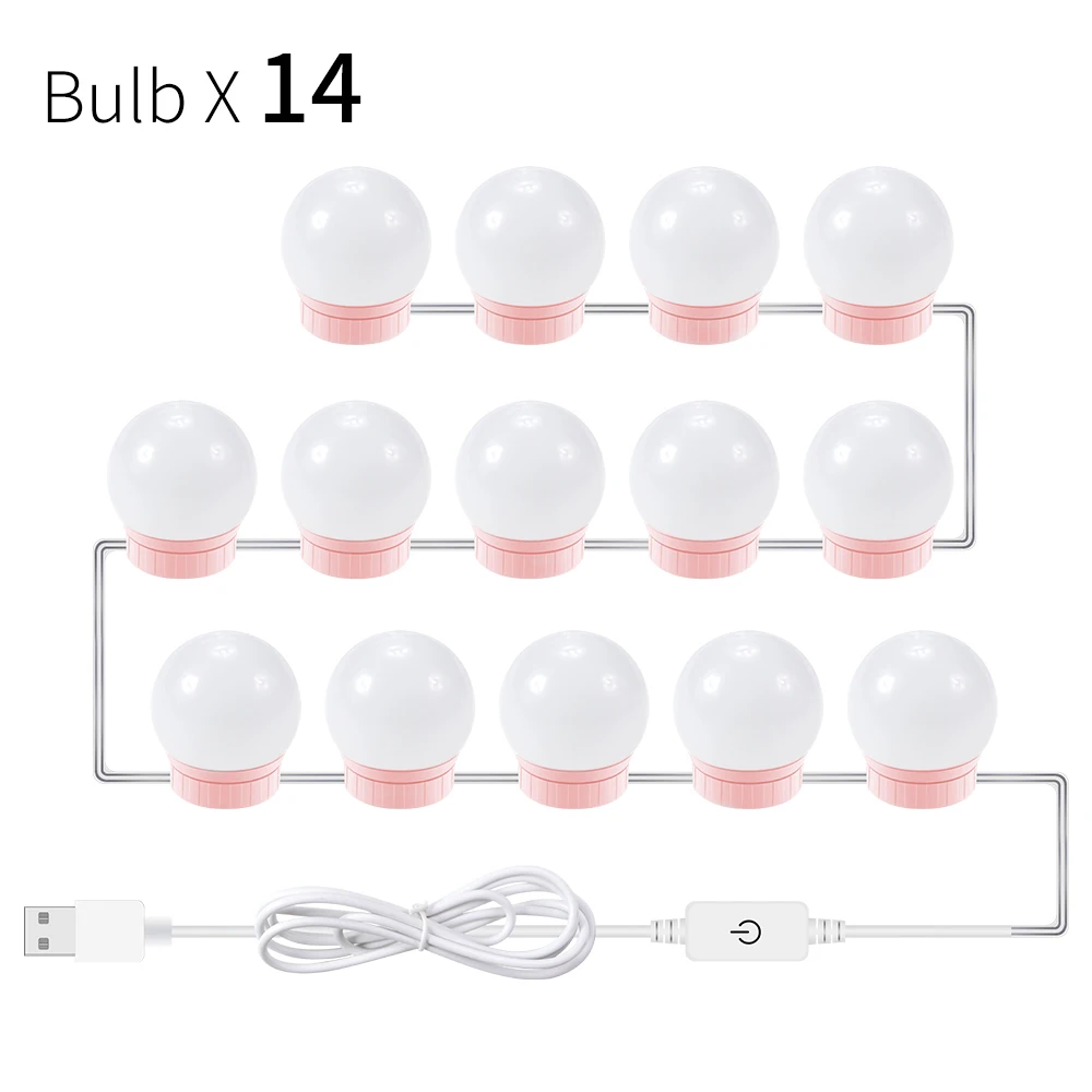 14 Bulbs Pink 12 В Настольный зеркальный светильник для макияжа, адаптер ЕС и США, голливудская Косметическая лампа, светодиодный туалетный столик, 10 лампочек в комплекте, USB 220 В, лампа для макияжа с регулируемой яркостью - Испускаемый цвет: 14 Bulbs Pink