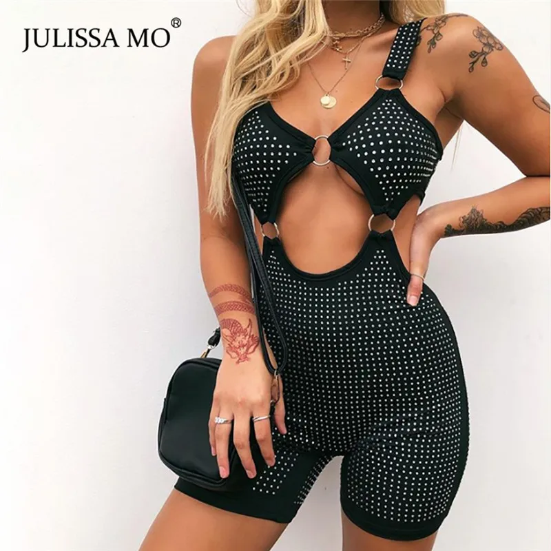 

JULISSA MO Boot Cut Diamonds Jumpsuit Women Sexy V Neck Hollow Out Shorts Rompers 2019 Summer Bodysuit Party Playsuit Overalls