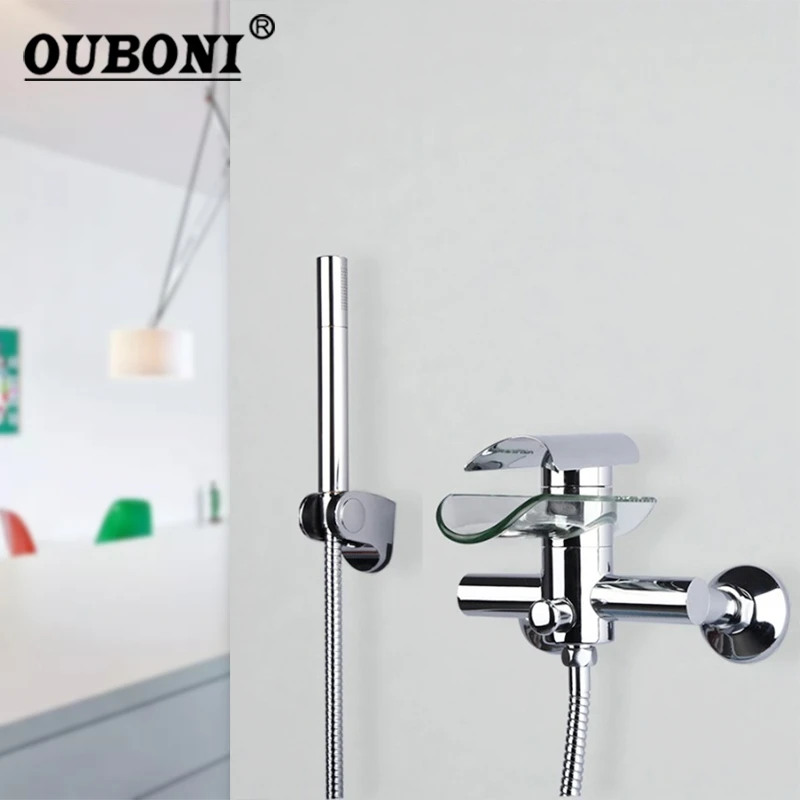 OUBONI Solid Brass Chrome Polish Wall Mounted Waterfall Glass Brass Basin Sink Bathtub Mixer Tap Faucet  Handle Spray Shower Set