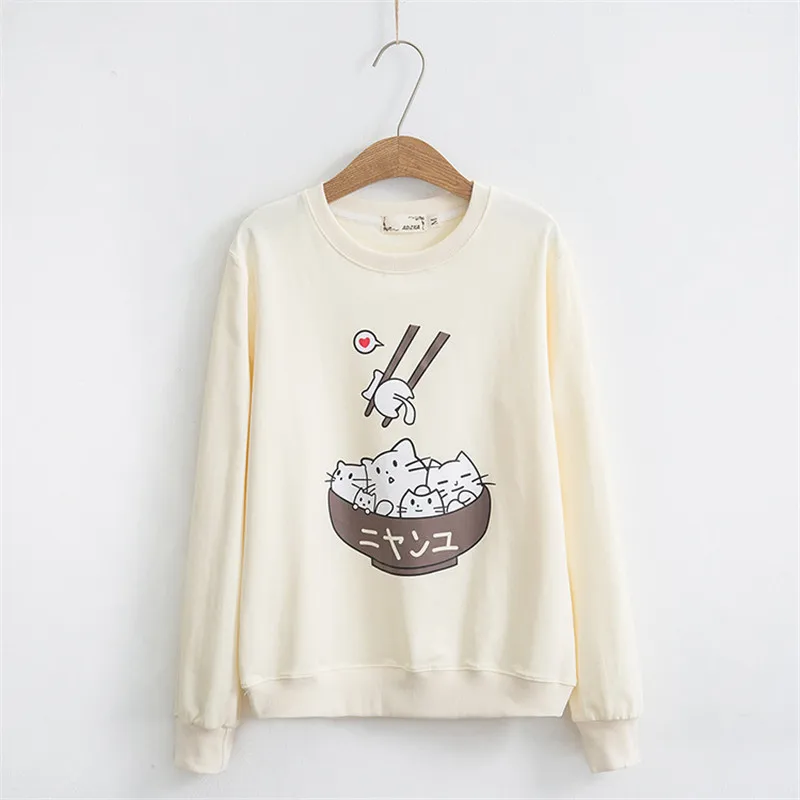  Sweet Cat Print Round Neck Long-sleeved Women Pullover Japan Style Kawaii Harajuku Hoodies