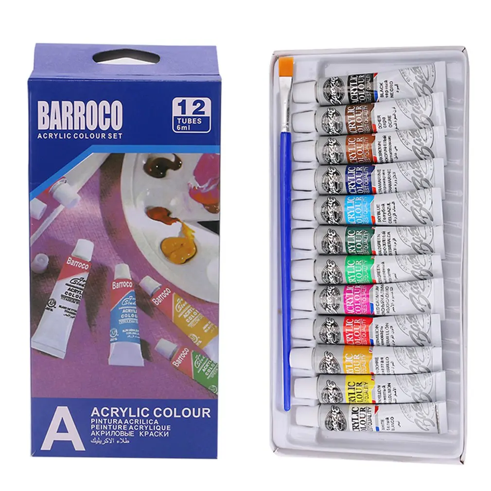 

6 ML 12 Colors Professional Acrylic Paints Set Hand Painted Wall Painting Textile Paint Brightly Colored Art Supplies Free Brush