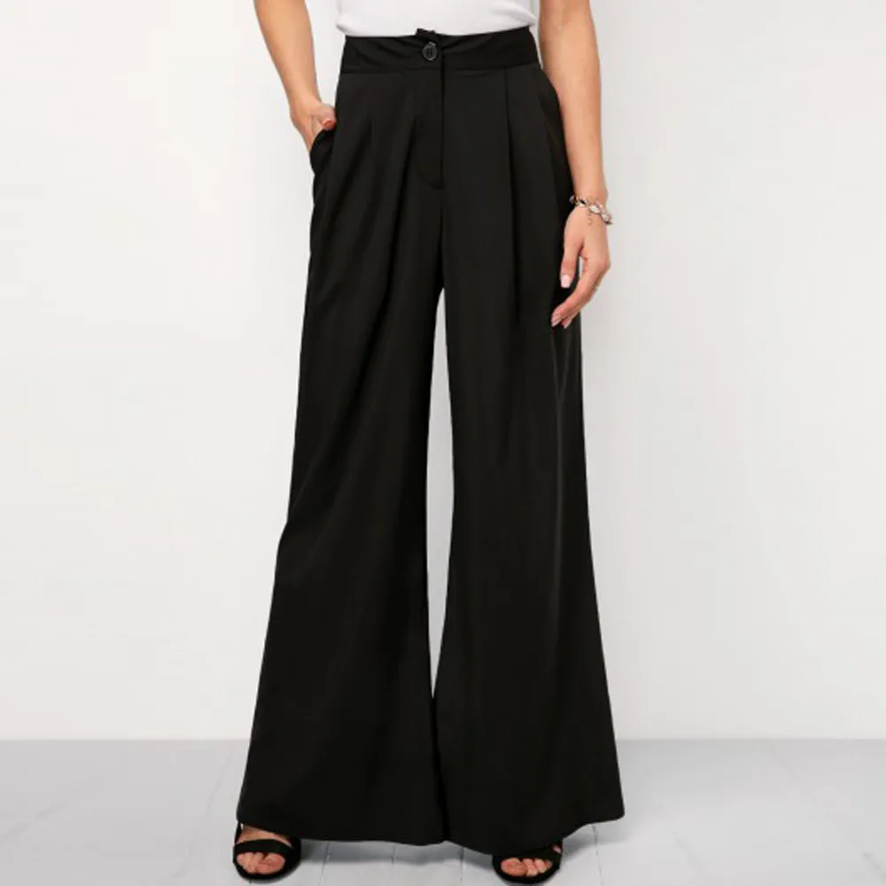 Womens Black Chiffon Wide Leg Pants Bow Tie High Waist Pant Pocket ...