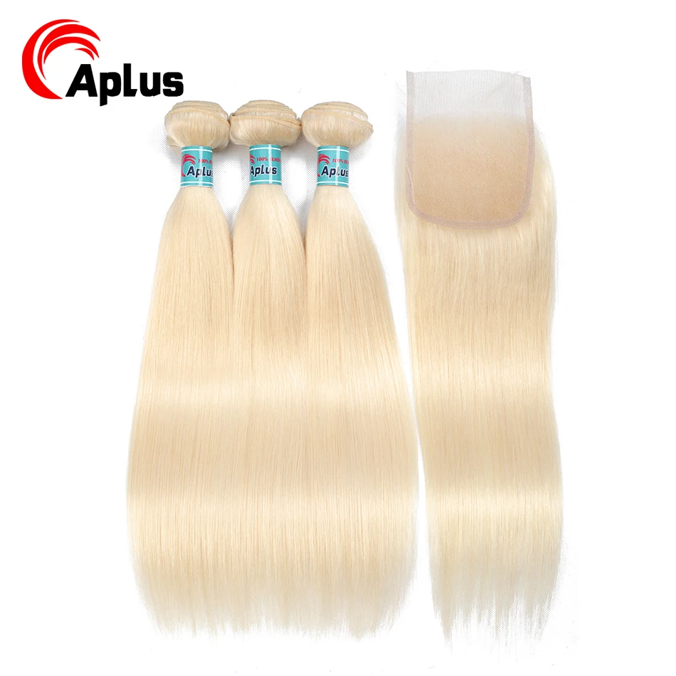

Aplus Pure 613 Human Hair Bundles With Closure 4Pcs/Lot Blonde Straight Peruvian Hair With Closure 100% Human Hair Non-Remy