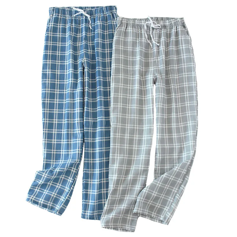 Весенние и летние новые пижамные штаны мужские газовые хлопковые простые Стильные клетчатые брюки эластичный пояс полная длина для сна, низ