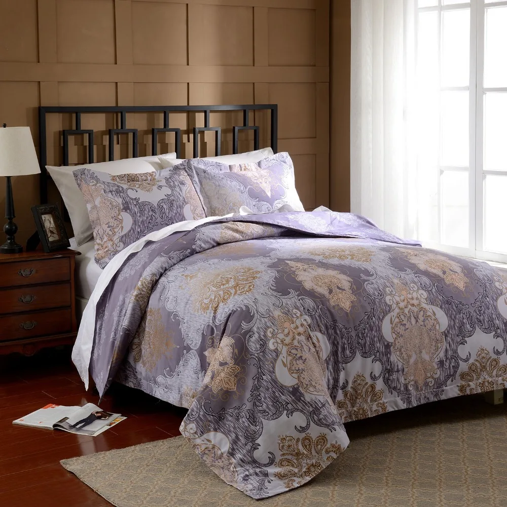 Freeshipping Bigdeal 3pcs Duvet Cover Set Polyester Luxury Printed Royal Purple Include Quilt