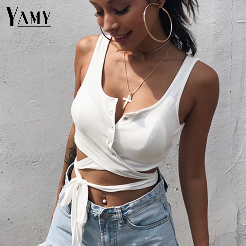 

2018 Summer Top Women Button Front Rib Cropped Tank Top with Tie Hem Crop Tops Slim Waist Streetwear Workout Vest