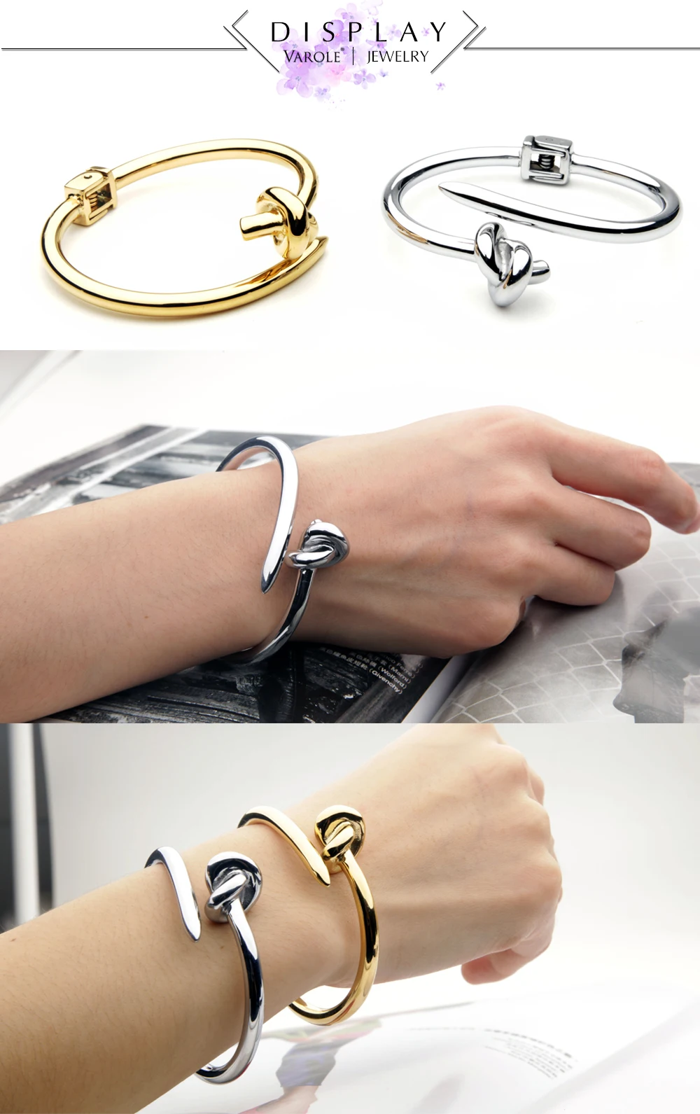 Varole na Moda Pulseira para Mulher Cor de Ouro Prego Inoxidável Punhos Pulseiras Noeud Manchette nó Aço 4 punhos pulseiras noeud cor de ouro pulseira