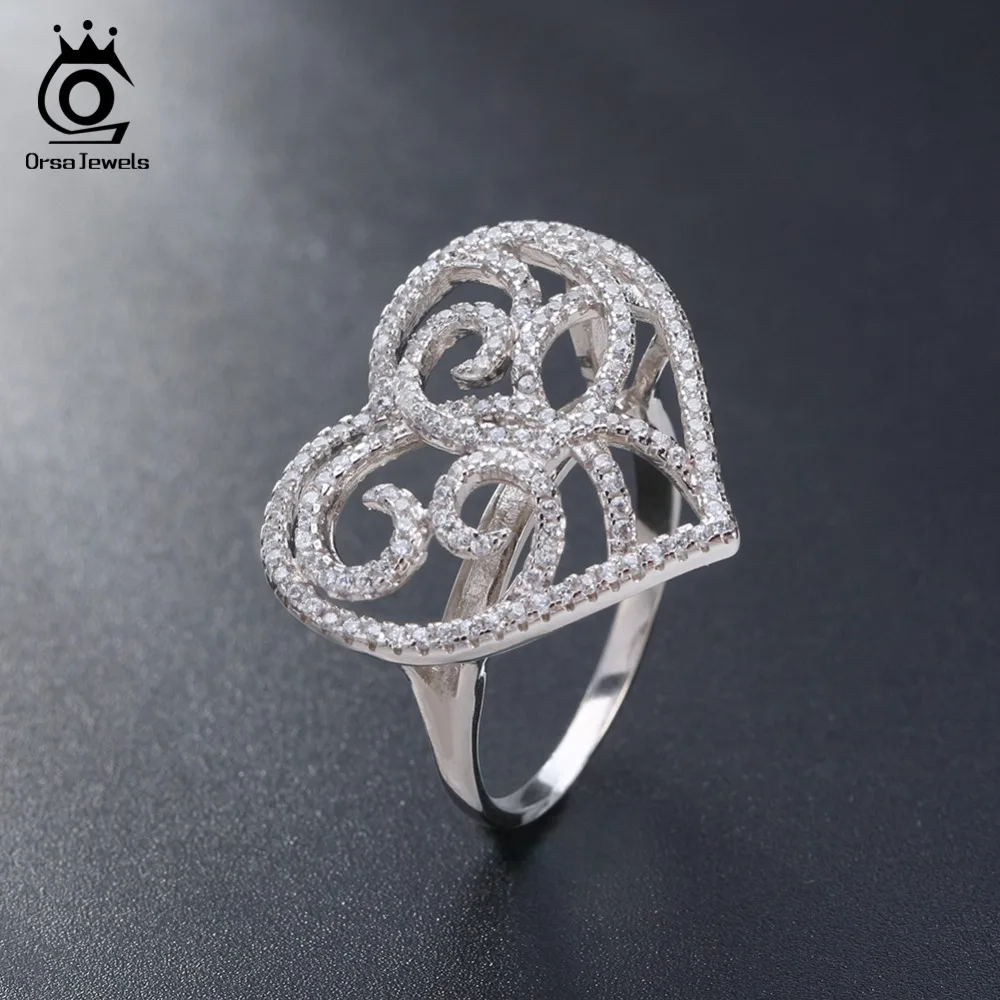 ORSA JEWELS Women Wedding Rings Heart Shape AAA Cubic Zirconia Fashion Ring Sliver Color Jewelry Gift For Female OR37