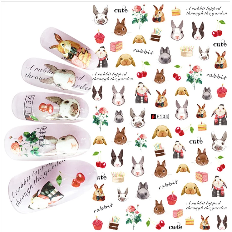 

1pcs 3D Super Thin Nail Stickers Tips Nail Art Adhesive Decals Manicure Decoration Cute Rabbit Bunny Vintage Nail Wraps F134