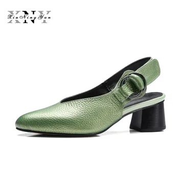 

XiuNingYan 2018 New Women Pumps Genuine Leather Single Shoes Buckle Shallow High Heels Shoes Solid Shoes Woman Big Size 33-43