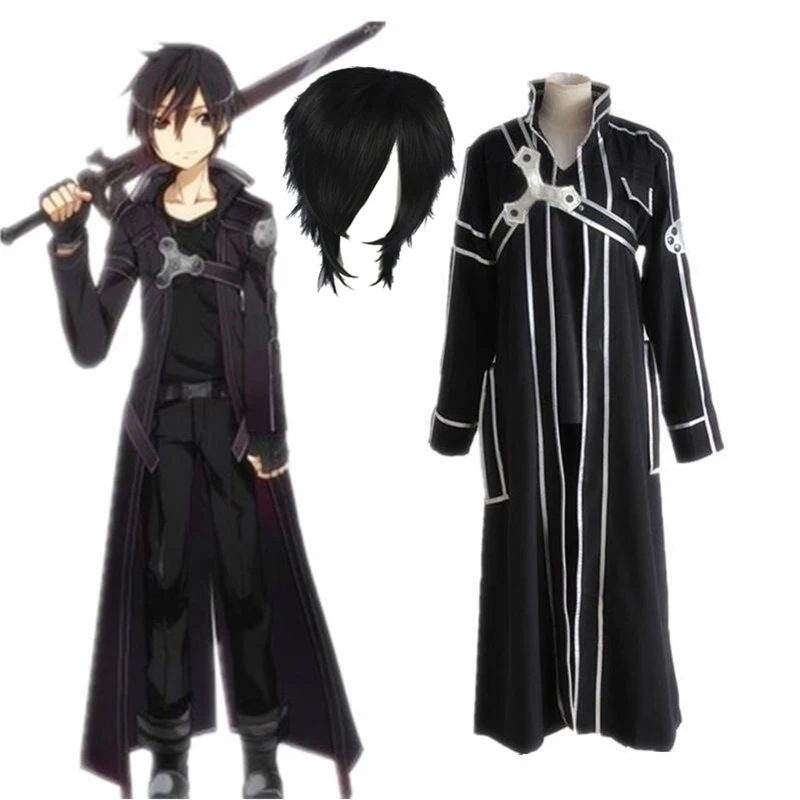 

6pcs/set Anime Sword Art Online SAO Kirito Kirigaya Kazuto Robe Cosplay Costumes Long Overcoat Trench Coat Full Set Men Uniform