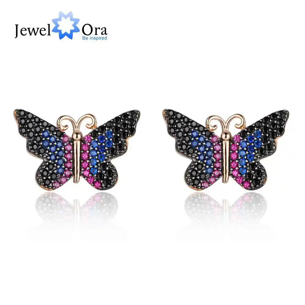 Серьги-гвоздики из стерлингового серебра 925 пробы, красочные милые серьги-бабочки CZ для женщин, ювелирные изделия для девочек, подарок на день рождения(Jewelora EA103039