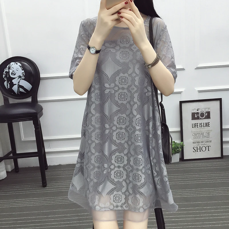 

2018 Spring Lace Woman Dress Elegant Short Sleeve Slim Chiffon Mini Female Dresses Plus Size 4XL Hot sale Korean Style D82913C
