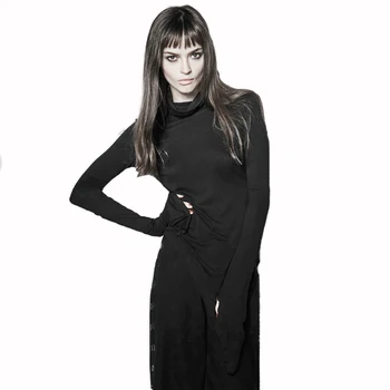 

Punk Women's T-shirts BlackTurtleneck Top Tees Femal High Collar Irregular T-shirts Flare Sleeve Fashion Top Tees