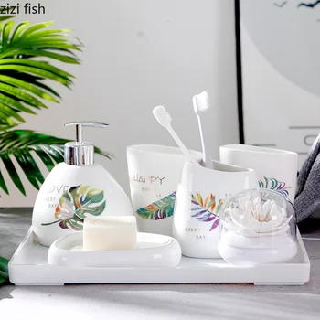 

Creative ceramics Bathroom kit Colored leaves Bathroom group Mouth cup Five-piece suit Bathroom storage Home Decorations