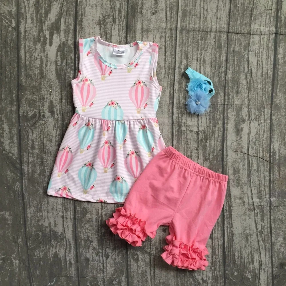 baby girls summer fire balloon outfits children kids top with ruffle shorts boutiques clothes baby girls summer clothes with bow girls ruffle plain shorts