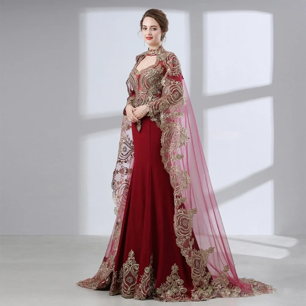 ANTI Saudi Arabic Burgundy Mermaid Evening Dress Long Detachable shawl Robe De Soiree 2019 Dubai Turkish Long Sleeve For Woman ANTI Saudi Arabic Burgundy Mermaid Evening Dress Long Detachable shawl Robe De Soiree 2019 Dubai Turkish Long Sleeve For Woman