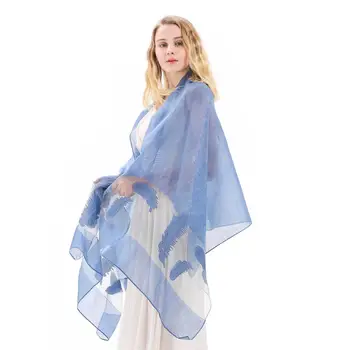 

Silk Scarf Shawl Feather Design Plume Lurex Wrap Hijab Stole Transparent Spring Summer Autumn Winter Soft Long Fashion Sky Blue