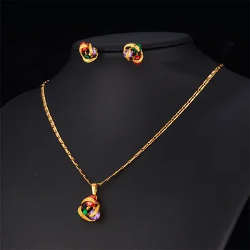 

Women Necklace Pendant Earrings Wedding Jewelry Set Brand Gold Color Cubic Zircon Stone Jewelry Sets For Women PE255
