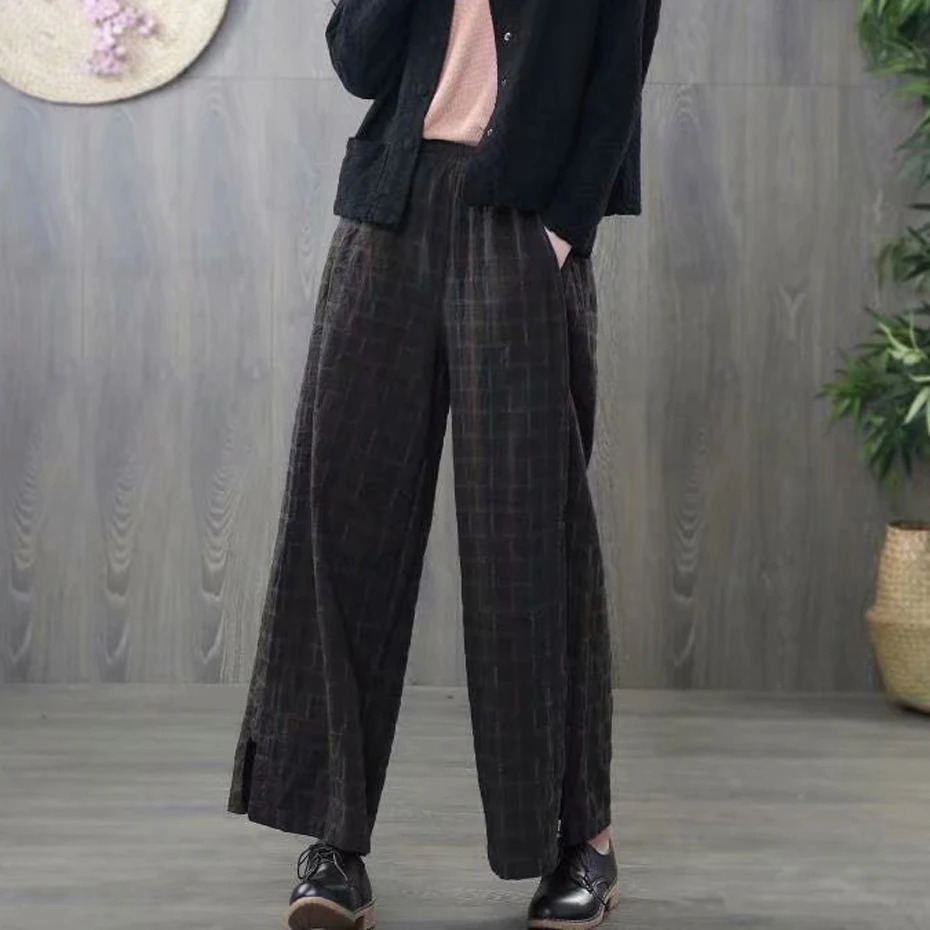 

Women Samie Tunic Wide Leg Culottes Bottom Pants Trousers for Ladies Big Loose for Autumn Checkered Vintage Elegant Style 82304