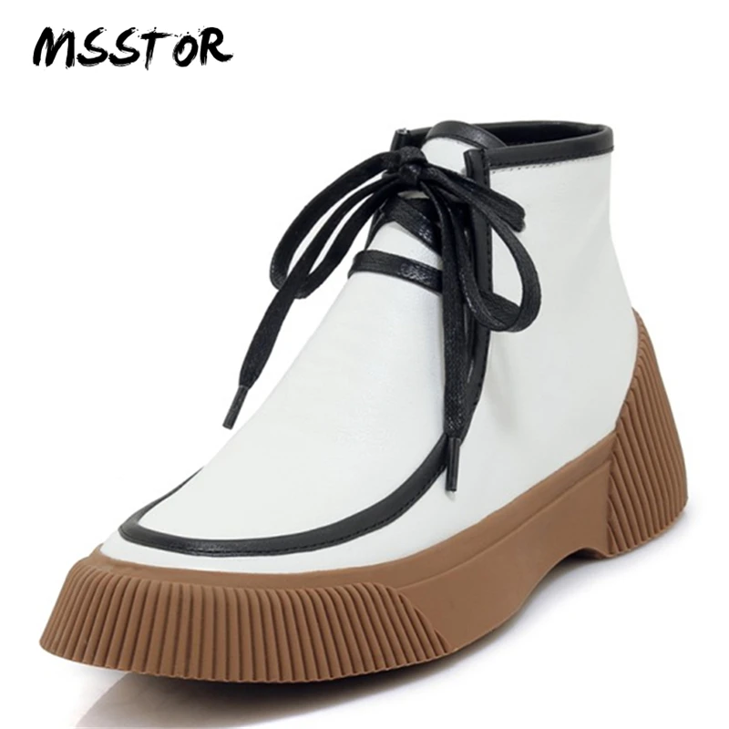 

MSSTOR Mixed Colors Lace Up Boots Fashion Casual Round Toe Genuine Leather Rubber Wedges Boots Autumn Winter Ankle Boots Women