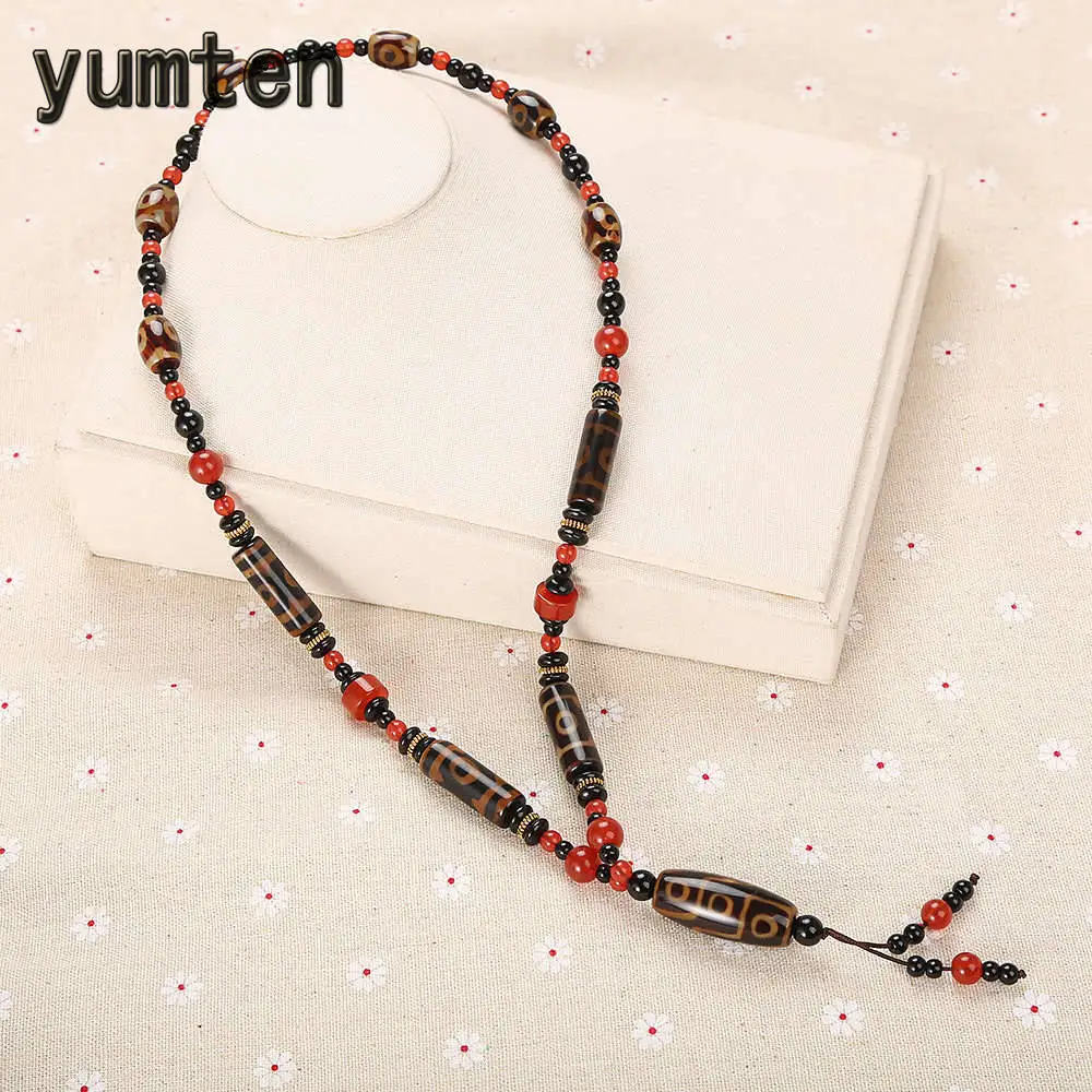 

Yumten Agate Necklace Bohemia Women Long Sweater Chain Pendant Round Rolo Chain Red Beaded Jewelry Black Bead Spacer Cylinder