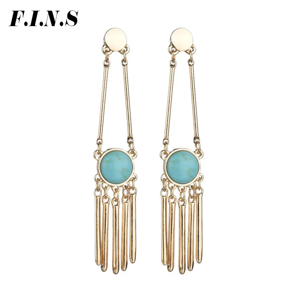 

F.I.N.S Concise Marble Stone Long Gold Color Tassel Earrings for Women Hanging Alloy Statement Boho Drop Earring Pendientes