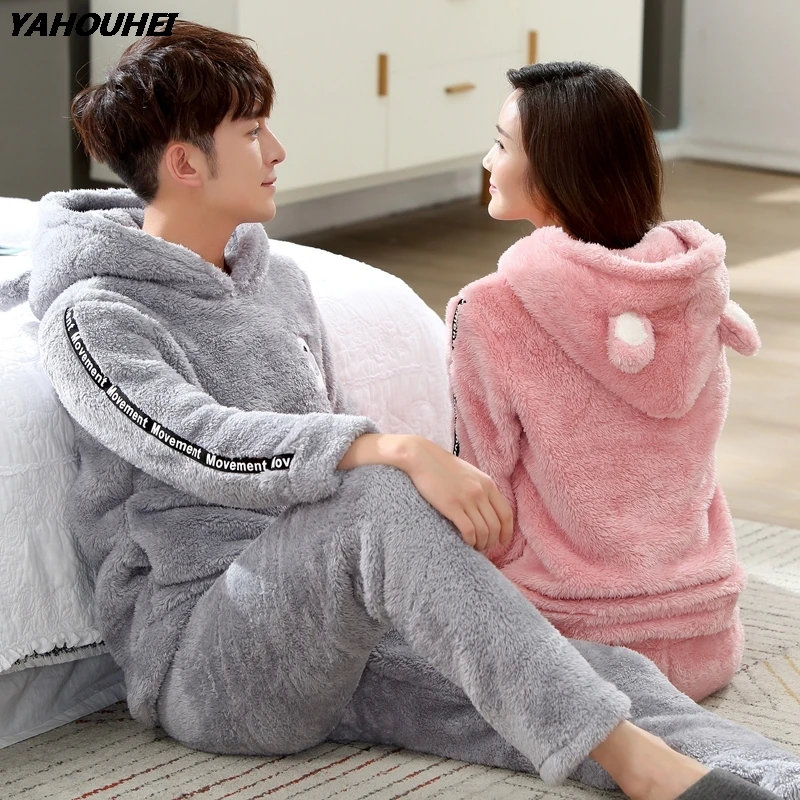 

2019 Winter Couples Hooded Thick Warm Flannel Pajama Sets for Women Long Sleeve Velvet Pyjama Men Cute Cartoon Cosplay Sleepwear