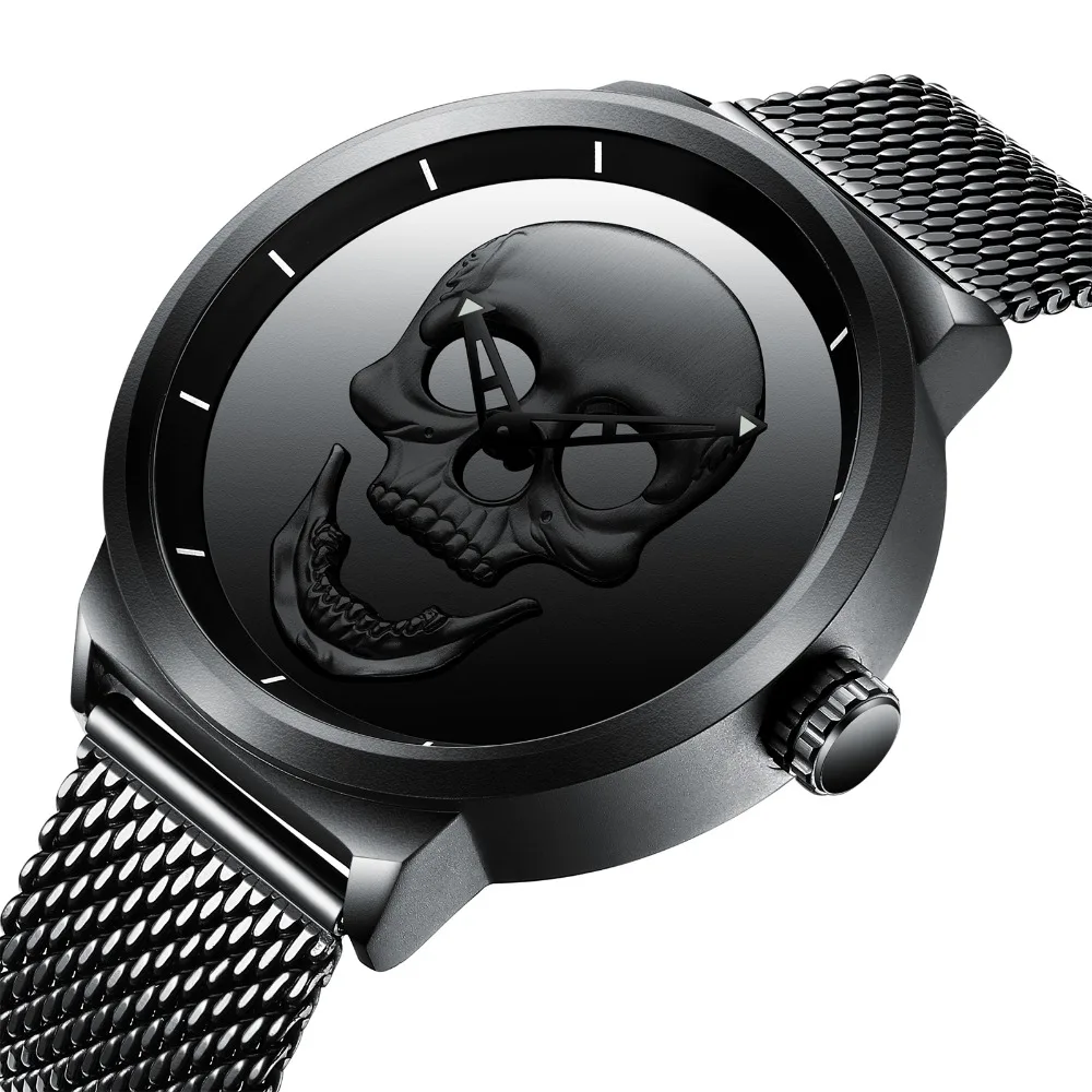 

BIDEN Mens Watches Luxury Brand Unique Skull Dial Black Sport Watch Stainless Steel Mesh Band Wrist Watch Relogio Masculino